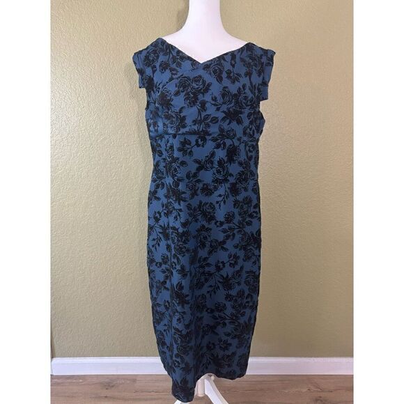 Lady De Couture Women's 3X Rosette Sheath Pin Up Dress Blue Black Floral Midi - Picture 1 of 6